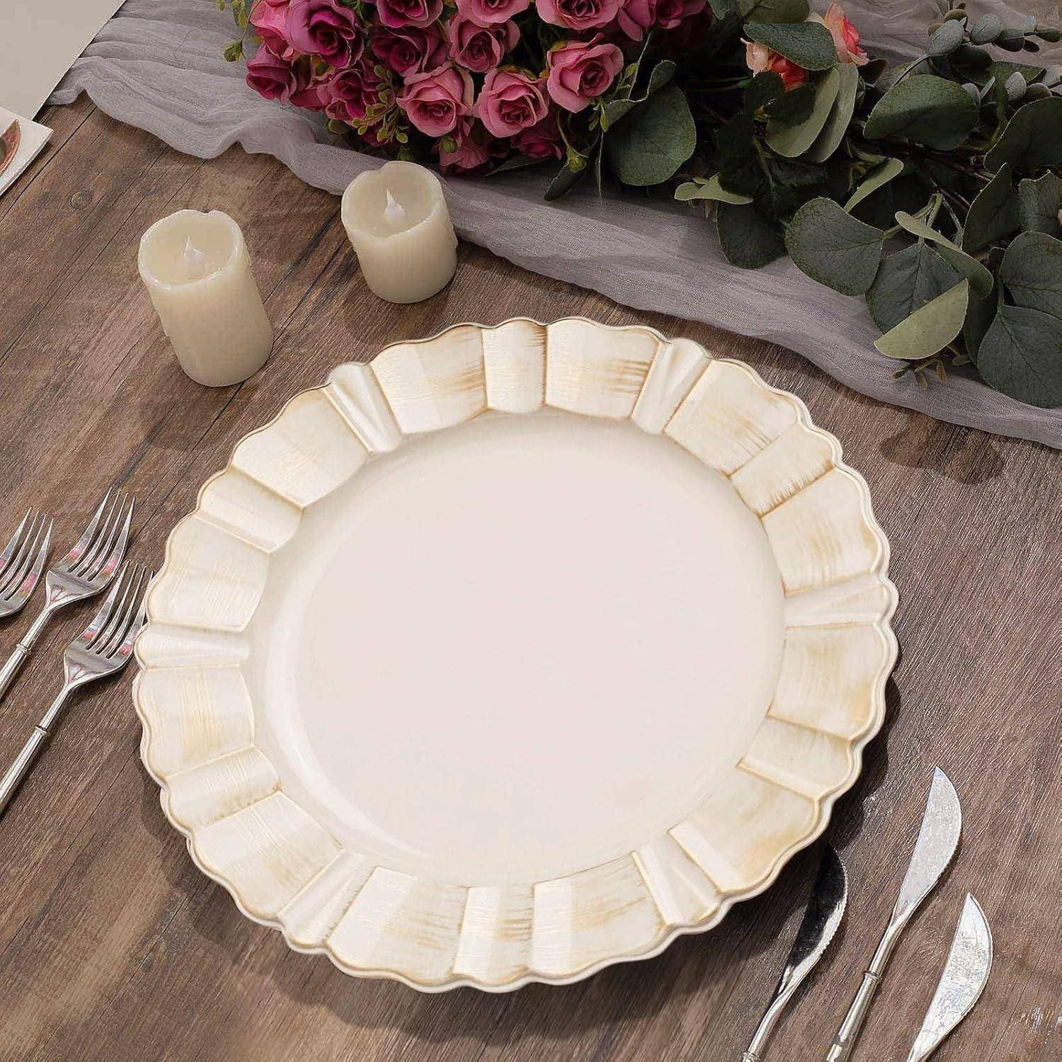 BalsaCircle 6 Dusty Blue Gold 13" Acrylic Wooden Textured Round Scalloped Trim Plastic Charger Plates