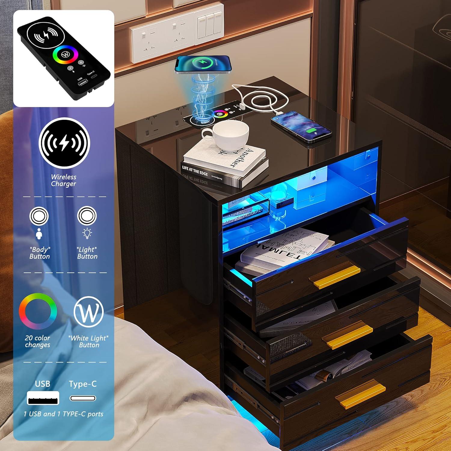 HNEBC Smart LED Nightstand with Wireless Charging & USB Ports, High Glossy Night Stand with 3 Drawers and 1 Pull-Out Tray, Modern Bedside Table with Human Sensor for Bedroom (Black)