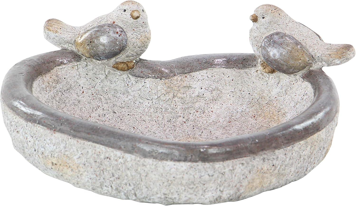 Gray Polystone Bird Garden Sculpture with Bath Bowl