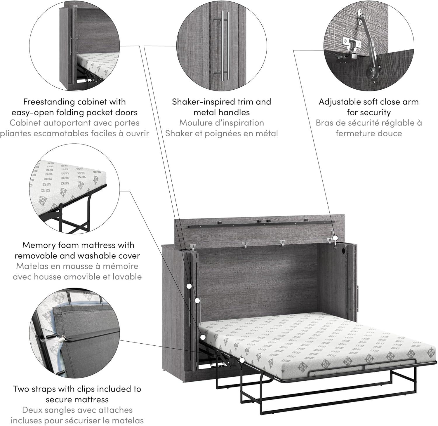 Bestar Pur 75" Modern Engineered Wood Queen Cabinet Bed w/ Mattress in Bark Gray