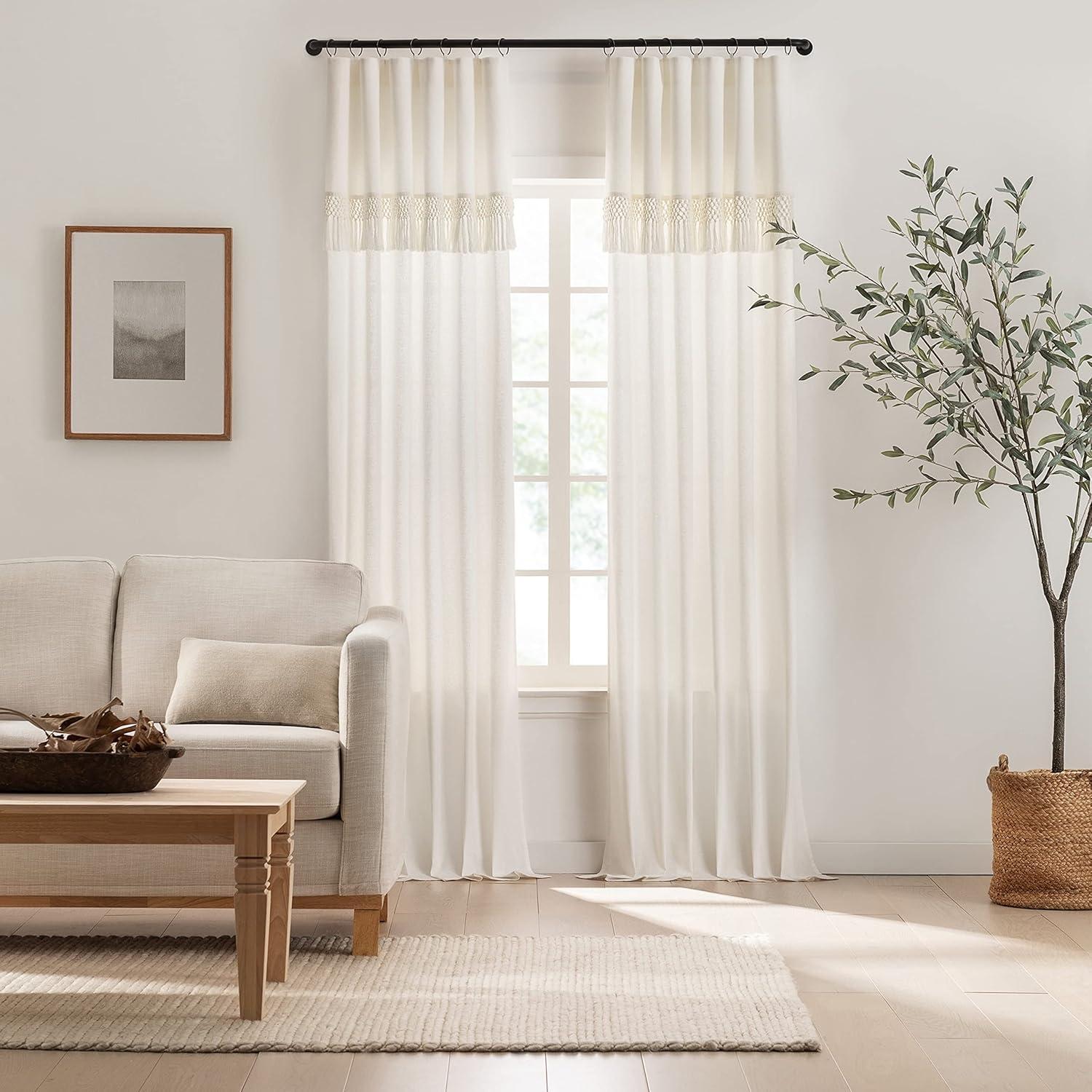 Ivory Cotton Light Filtering Curtain Panel with Fringe Detail