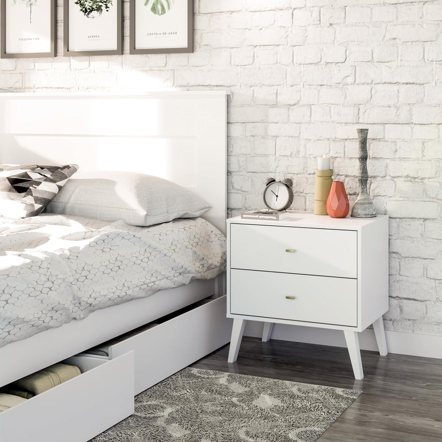 Mid Century Modern 2 Drawer Wide Nightstand White - Prepac: Sleek Bedside Table, Tapered Legs