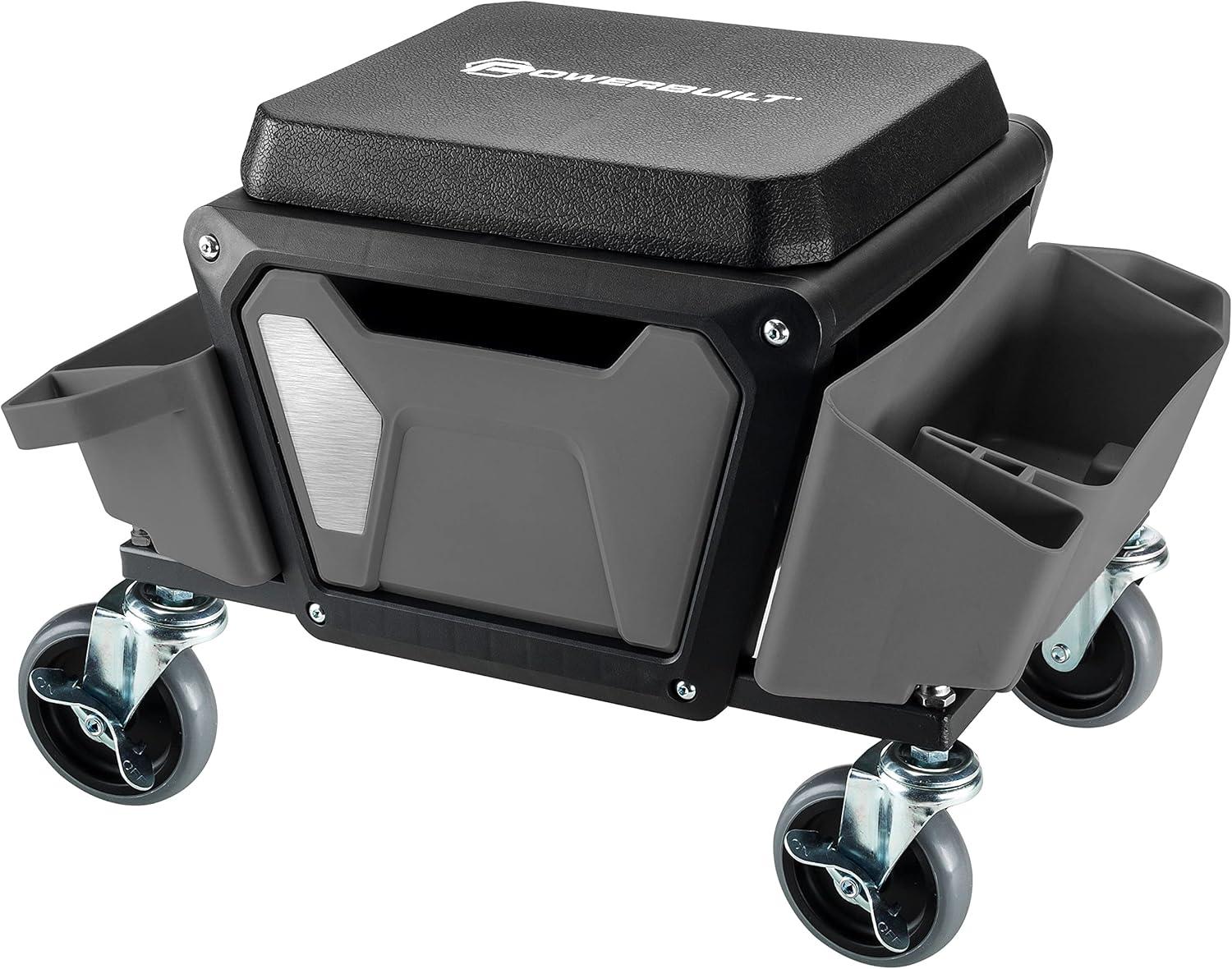 Powerbuilt Rolling Utility Seat with Side Trays and Drawer