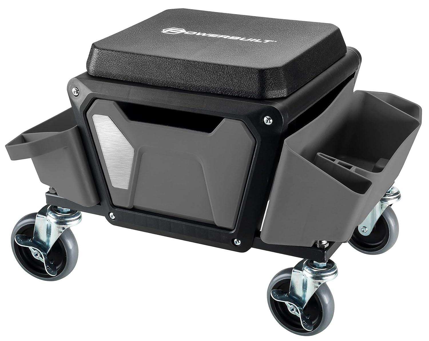 Powerbuilt Rolling Utility Seat with Side Trays and Drawer