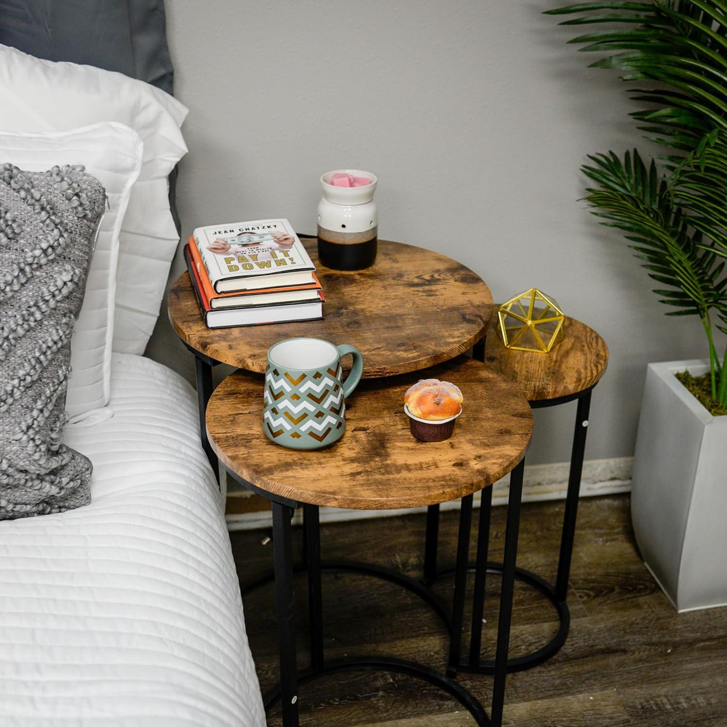 Set of 3 Round Wood and Metal Nesting Tables