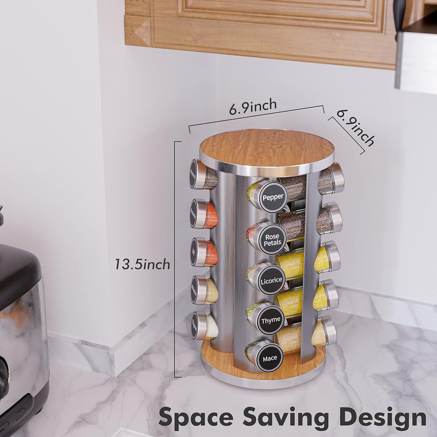 New England Stories Revolving Spice Rack Set with 20 Spice Jars - Kitchen Spice Tower Organizer for Countertop or Cabinet, Includes 386 Spice Labels, Rotating Desktop Seasoning Organizer