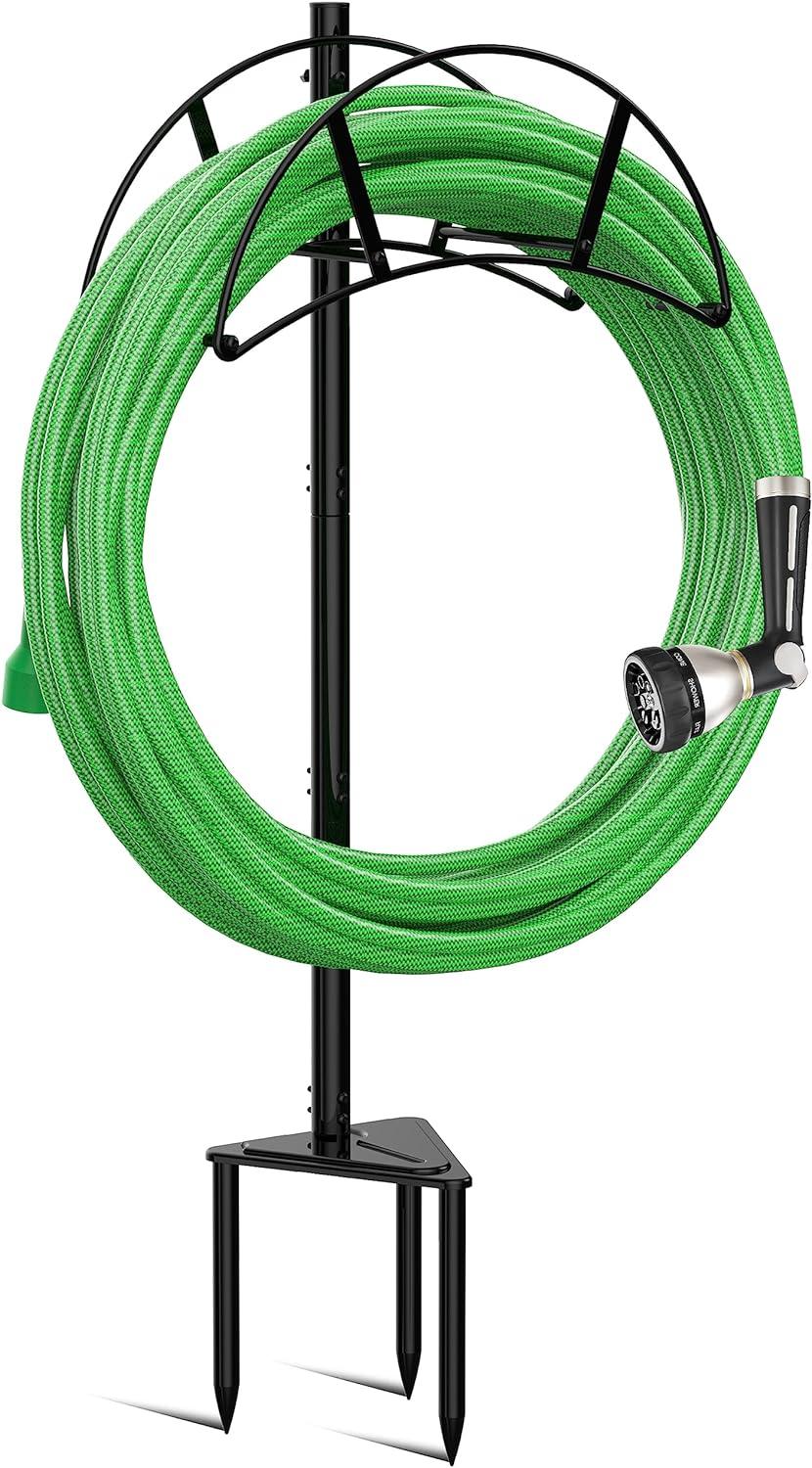 Meykwod Garden Hose Stand /Hanger Freestanding, Water Hose Holder Stake, In ground Heavy Duty Hose Rack Organizer Outdoor for Outside Yard, Sturdy to Hold 150ft Hose (Metal, Black) C40