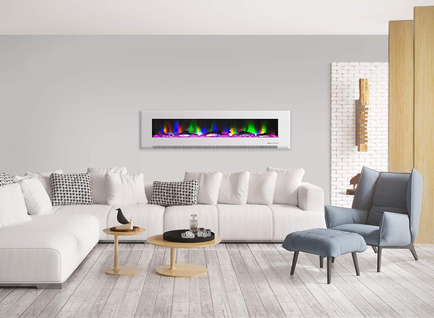 78-Inch White Wall-Mounted Electric Fireplace with Multi-Color Flames and Driftwood Logs