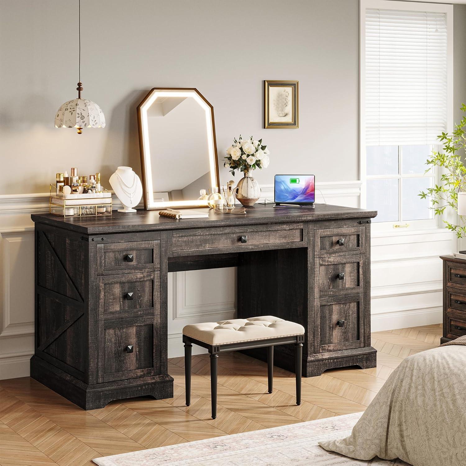 August Grove® 55'' W Computer Desk With Outlet, Farmhouse Executive Desk With 7 Drawers For Office Home