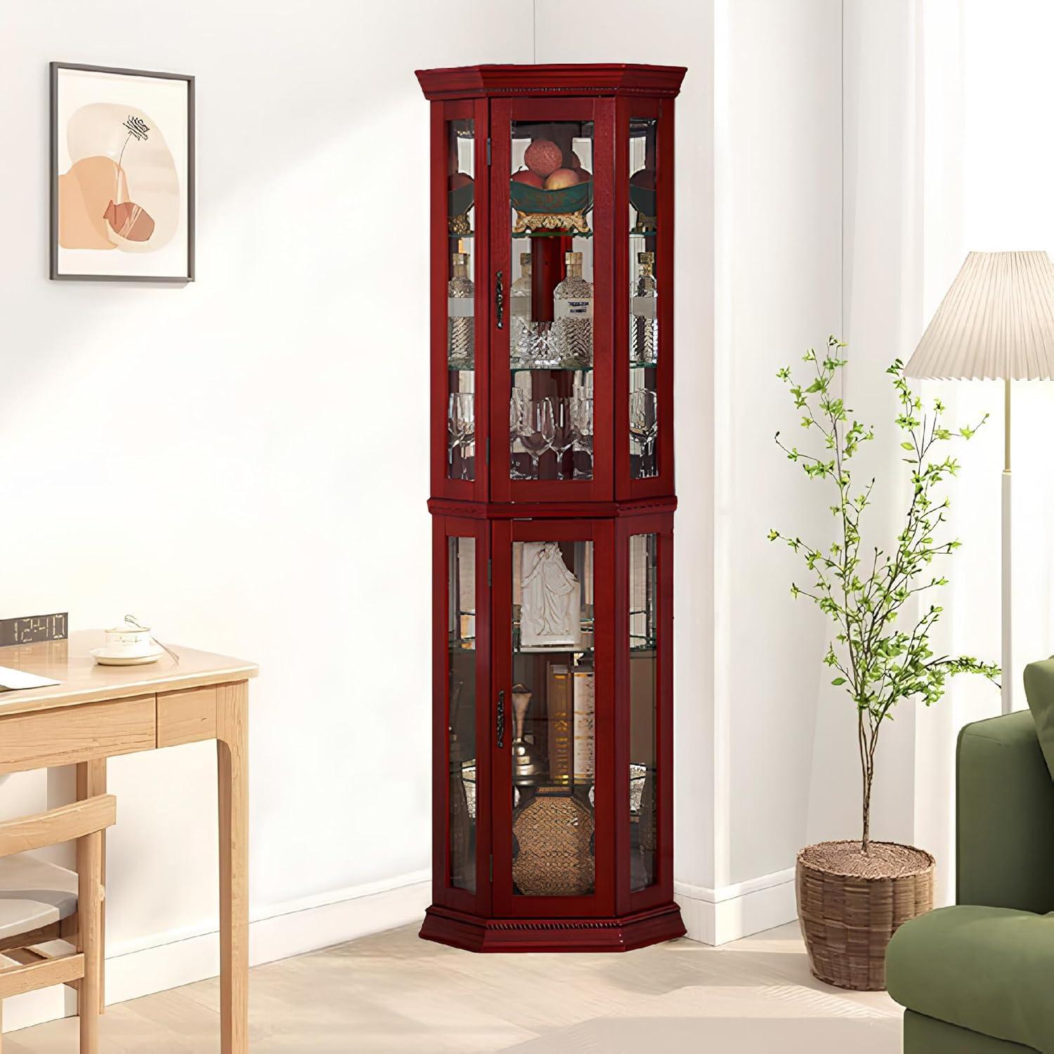 Lighted 3-Side Glass Display Curio Cabinet with Tempered Glass Doors and Shelves, Curved Wood Corner Cabinet with Bulb, Cherry