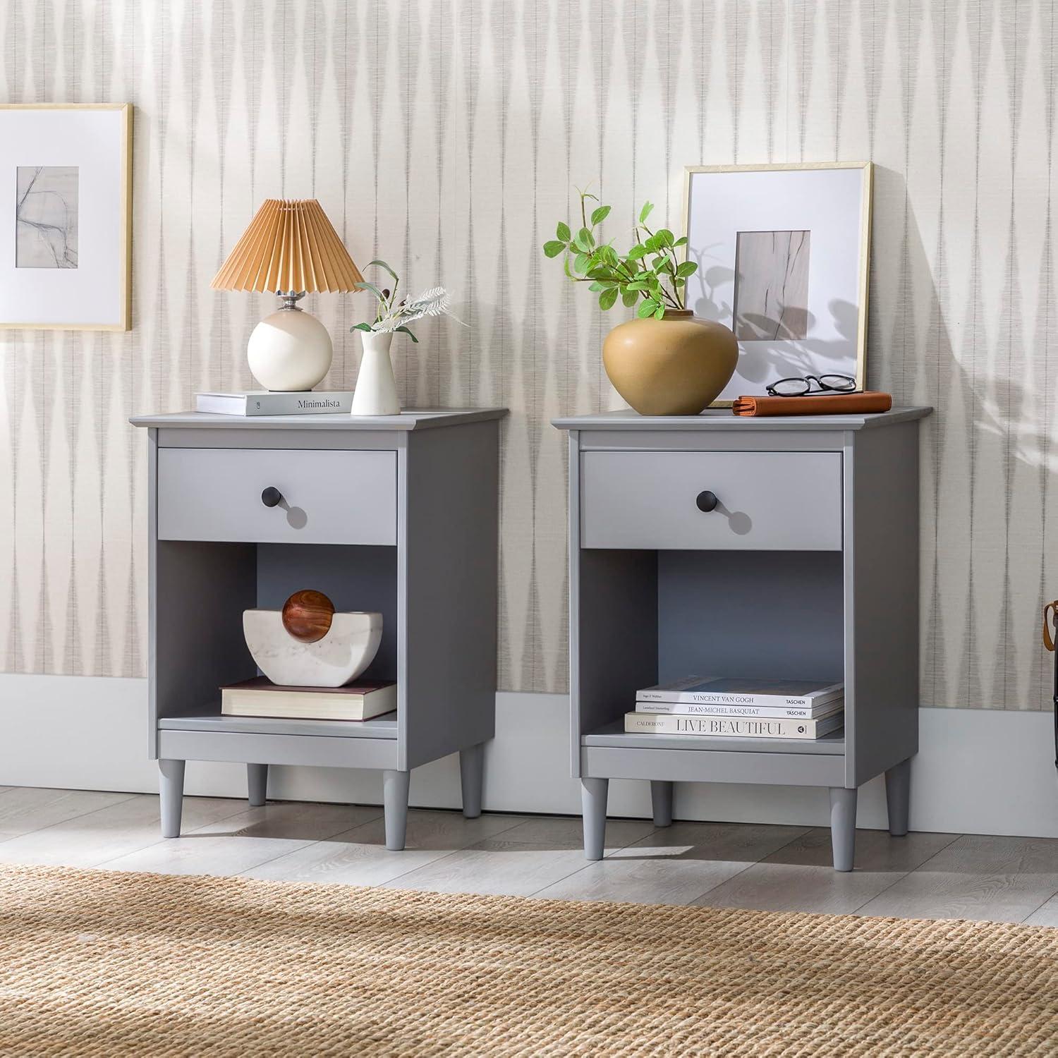 Grey Solid Wood 1-Drawer Nightstands, Set of 2