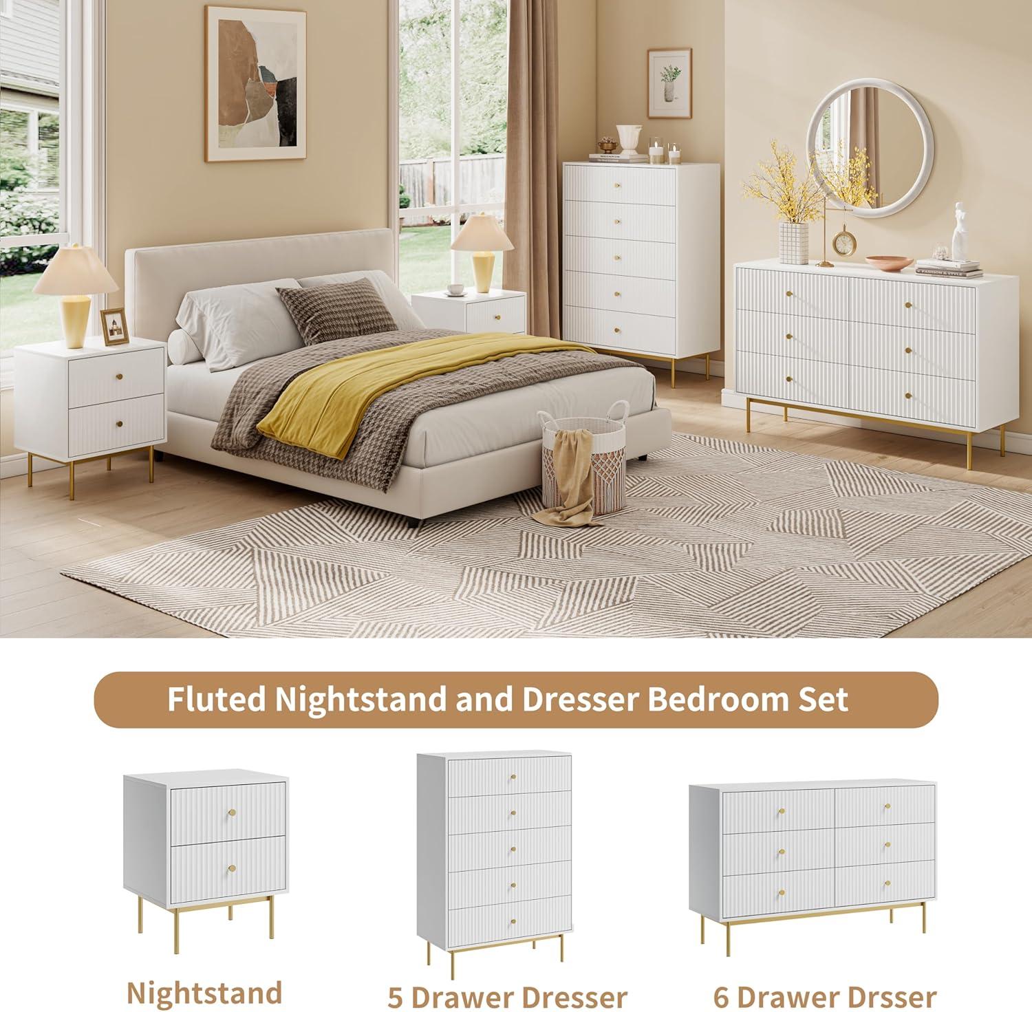 6 Drawer Dresser for Bedroom,Modern Bedroom Dresser,Fluted White and Gold Dresser with Curved Profile Design