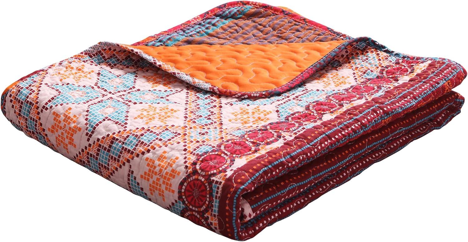 Exclusivo Mezcla 50"x 60" Quilted Throw Blanket- Microfiber Quilt Throw with Boho Striped Pattern, Reversible Red and Orange Versatile Lap Quilt for All Seasons, Lightweight Throws for Bed/Couch/Sofa