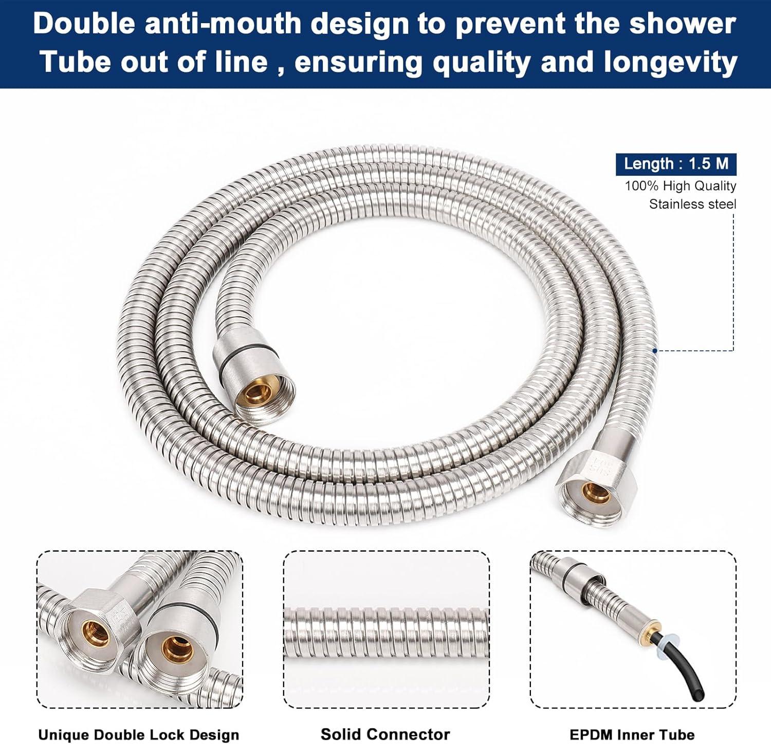 NearMoon Shower Head with Hose, High-Pressure Stainless Steel 8'' Rain Shower and 5 Settings Handheld Shower Spray Combo with Push Button Flow Control for Easy Operation (Chrome)