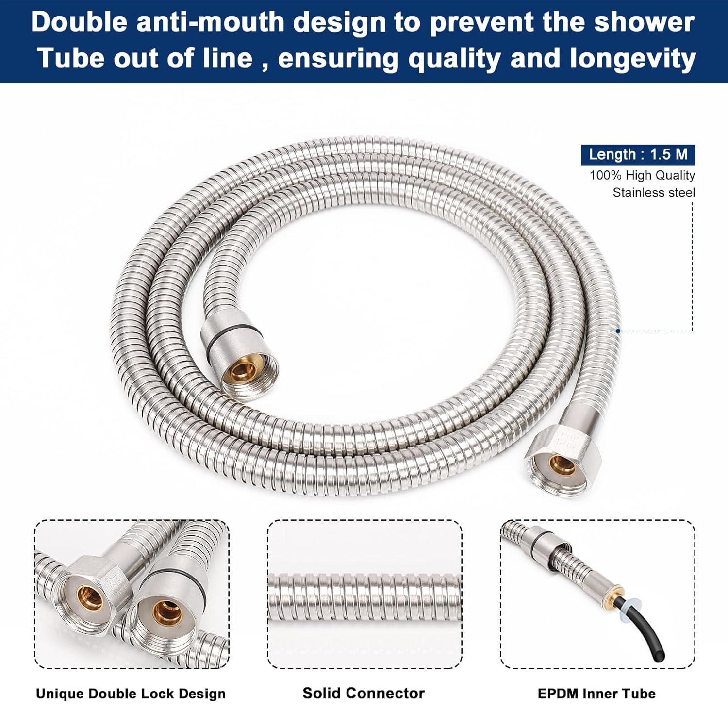 NearMoon Shower Head with Hose, High-Pressure Stainless Steel 8'' Rain Shower and 5 Settings Handheld Shower Spray Combo with Push Button Flow Control for Easy Operation (Chrome)