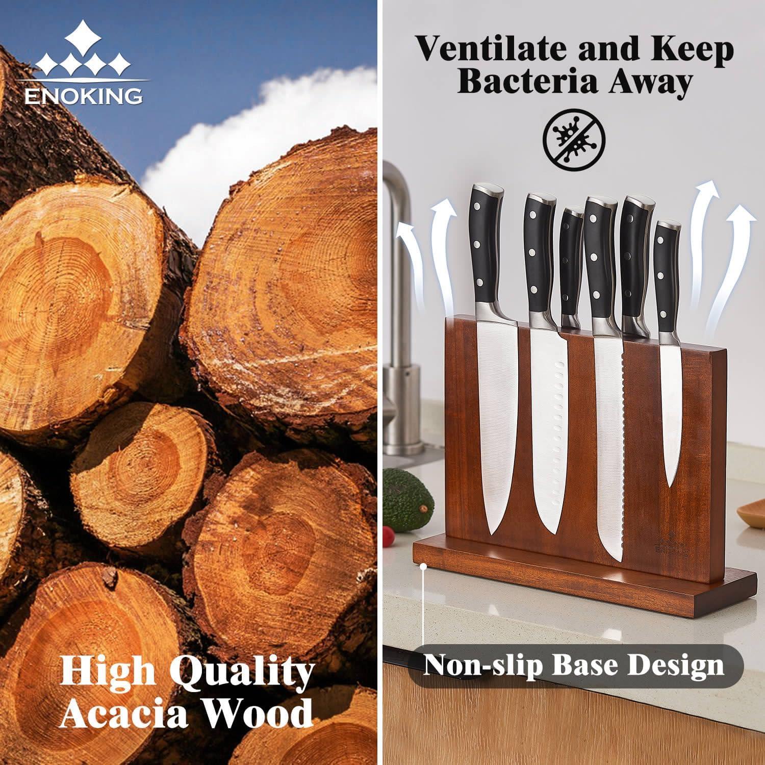 ENOKING Magnetic Knife Block 12.5 x 9 Inches, Double Side Magnetic Knife Holder Built in Three Powerful Magnets Strip, Acacia Wood Universal Knife Storage Organizer for Kitchen Counter C33