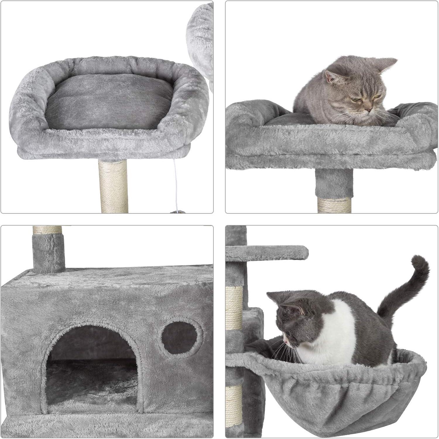 Hey-brother Cat Tree for Large Cats, Cat Tower with Scratching Posts, 2 Padded Plush Perches, Big Condo and Cozy Basket, Smoky Gray MPJ025G