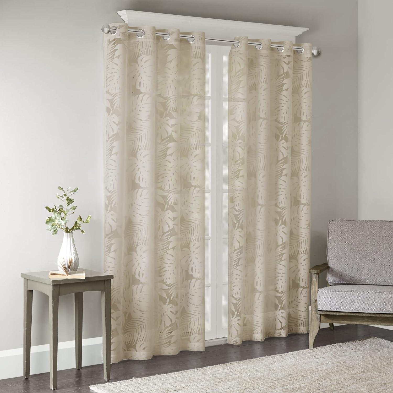 Natural Beige Palm Leaf Sheer Grommet Curtain Panel