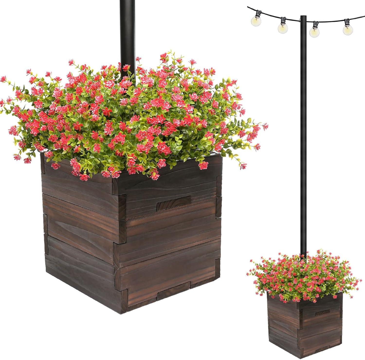 Large Dark Brown Wooden Planter Box with Pole Holder