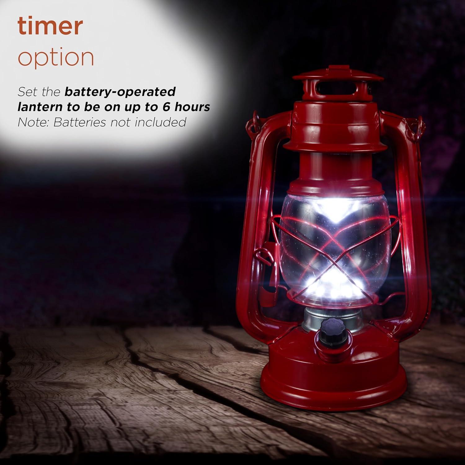 Alpine Corporation 6" x 5" x 9" Metal Hurricane Lantern with Battery-Powered LED Light, Red