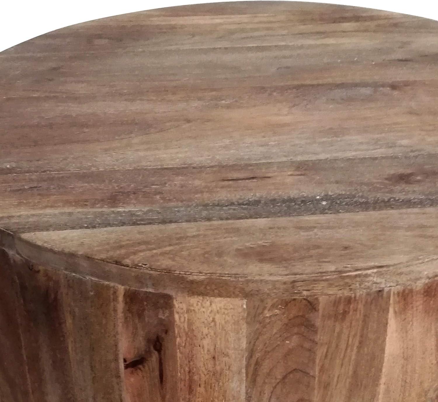 The Urban Port Hand Carved Cylindrical Shape Round Mango Wood Distressed Wooden Side End Table Brown: No Assembly, Polished Finish