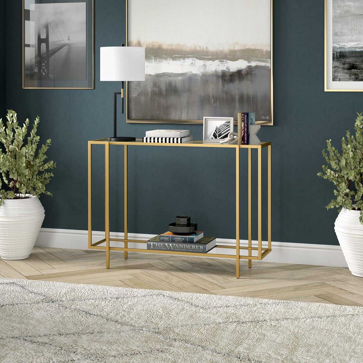 Brushed Brass and Glass Console Table with Storage Shelf