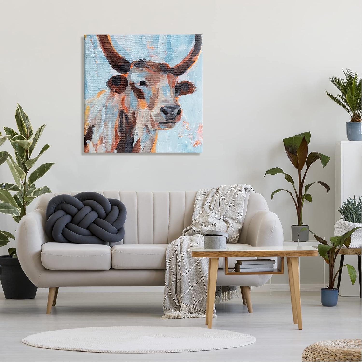 Modern Cattle Cow Brushstrokes Blue Canvas Wall Art, 30 x 30