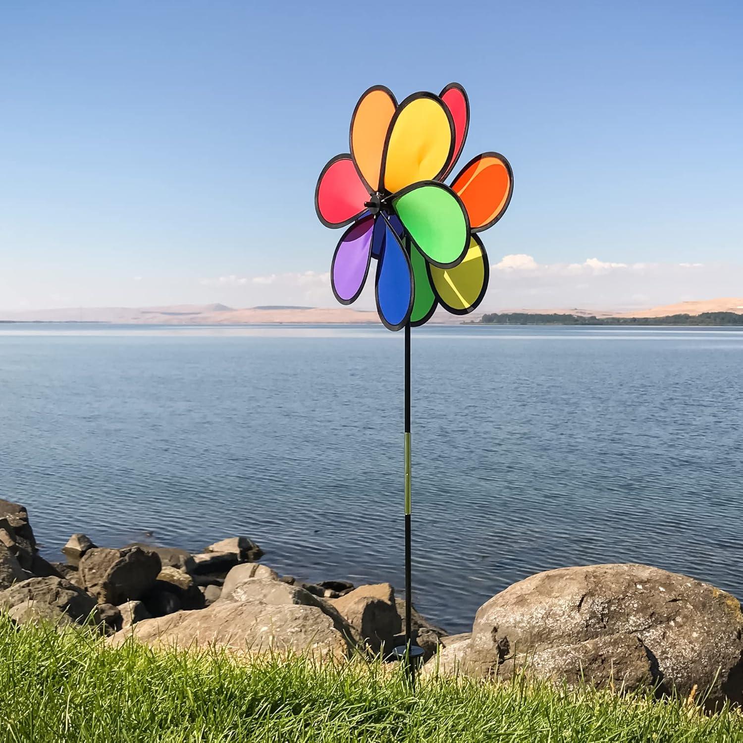In the Breeze 2745 — Double Dazy Flower 14-inch Ground Spinner — Rainbow Flower Wind Spinner — Colorful Yard or Garden Decoration