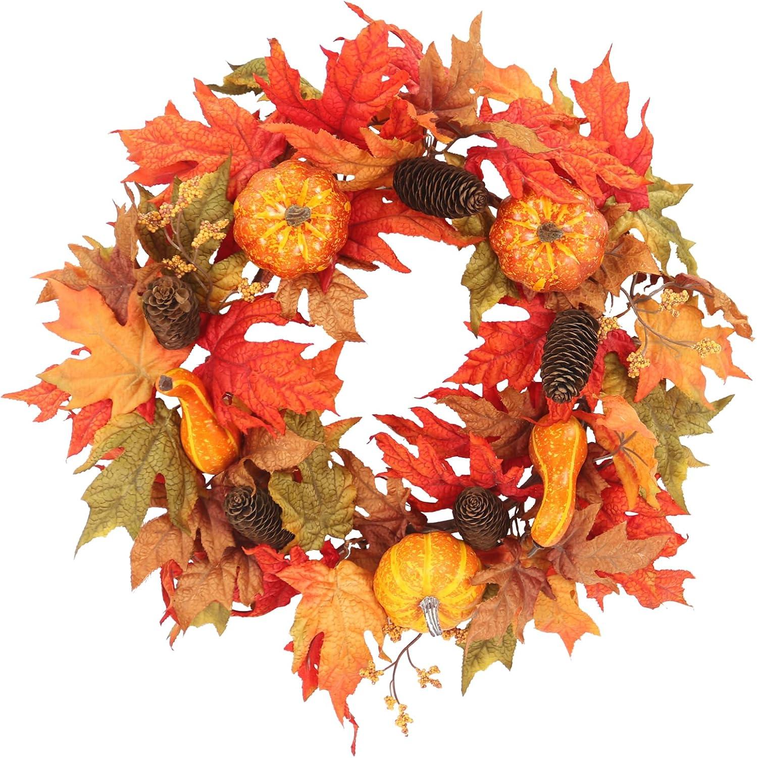 Fall Wreath 20’’ Autumn Front Door Wreath Harvest Wreath with Sunflower Pumpkins Berries Maple Leaves Daisies for Outside Indoor Home Wall Festival Thanksgiving Autumn Farmhouse Decor