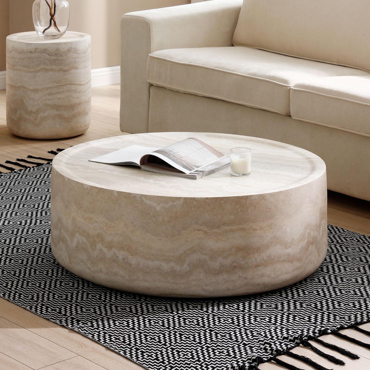 Round Faux Marble Beige Drum Coffee Table