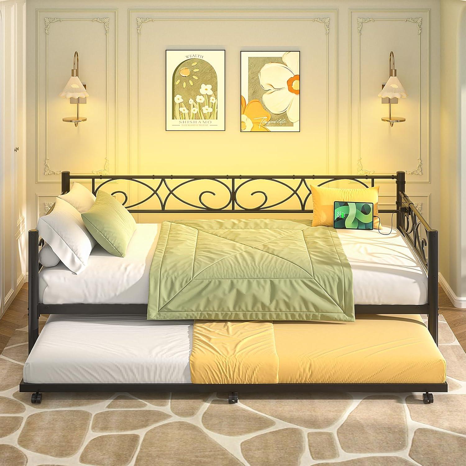 iSunirm Twin Size Daybed with Trundle Bed, Charging Station and LED Lights, Aron Art Headboard Day Bed, All Thick Metal Frame Heavy Duty, Built for Guest Room/Living Room/Bed Room