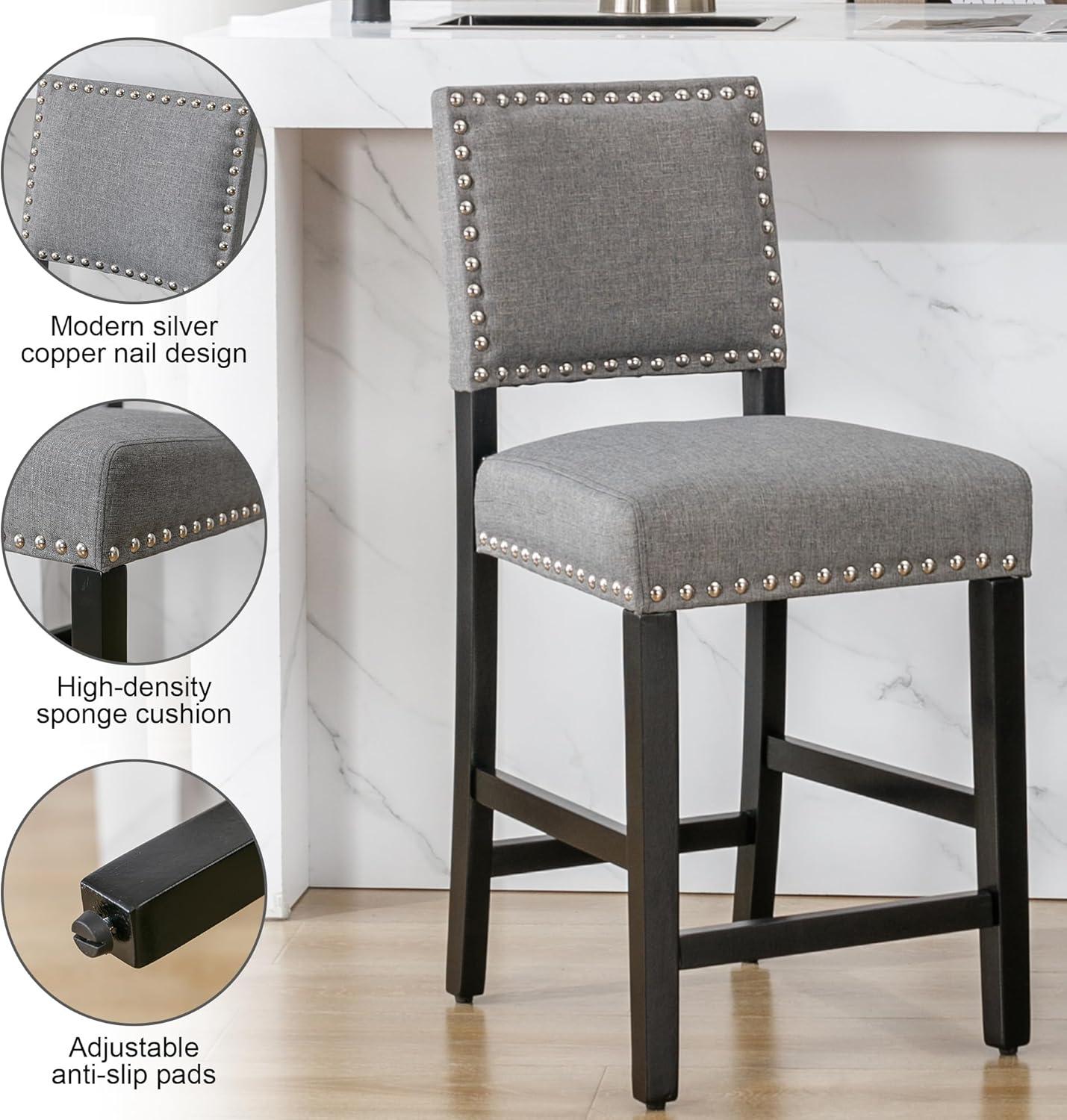 DAGONHIL 24 inch Bar Stools Set of 2, Counter Height Stools, Fabric Upholstered Barstools with Back and Wood Leg, Armless Dining Chairs with Silver Copper Nail for Kitchen Island Pub Living Room(Gray)