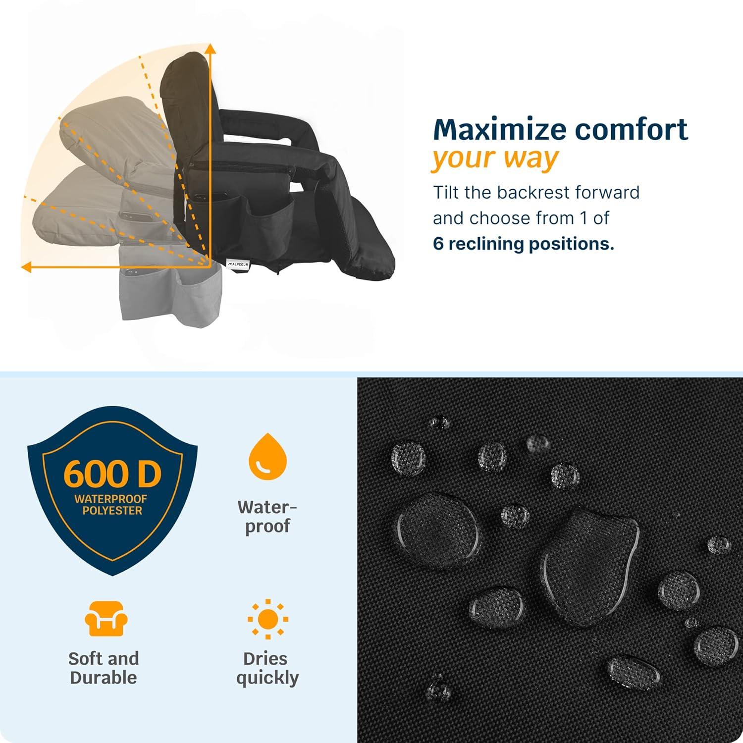 Black Heated Massage Reclining Stadium Seat with Armrests and Pockets