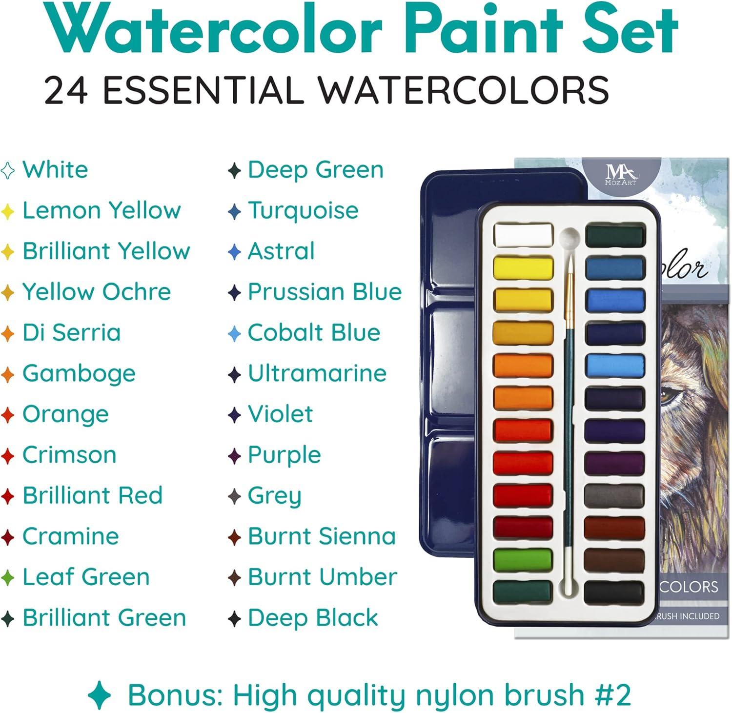 MozArt Essential Watercolor Paint Set, 24 Colors and Brush