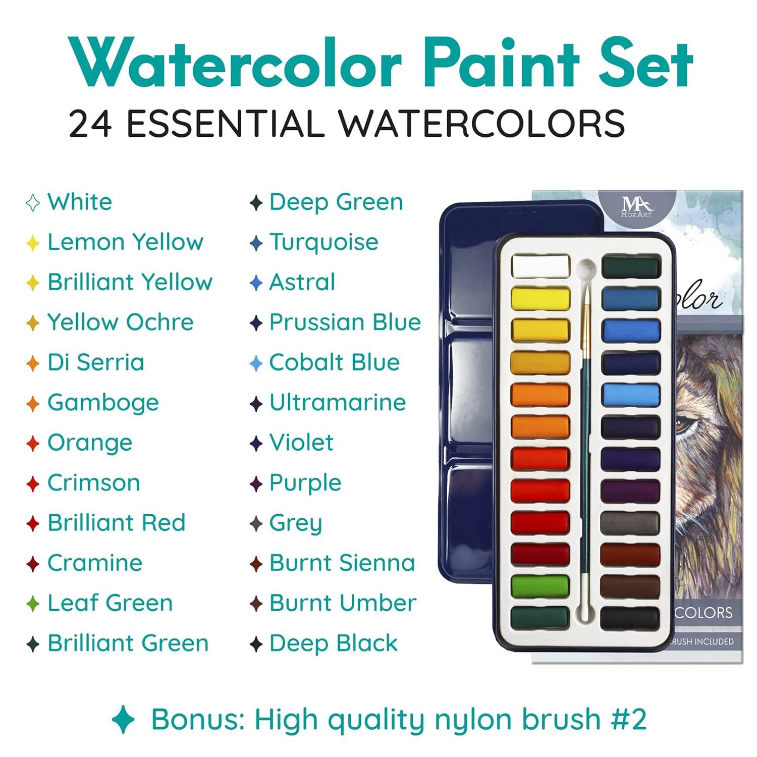 MozArt Essential Watercolor Paint Set, 24 Colors and Brush