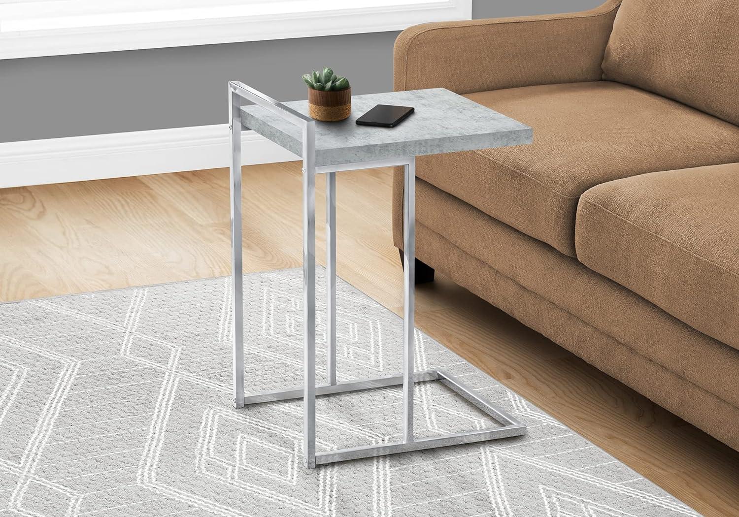 Gray Cement and Chrome Metal C-Shaped Accent Table