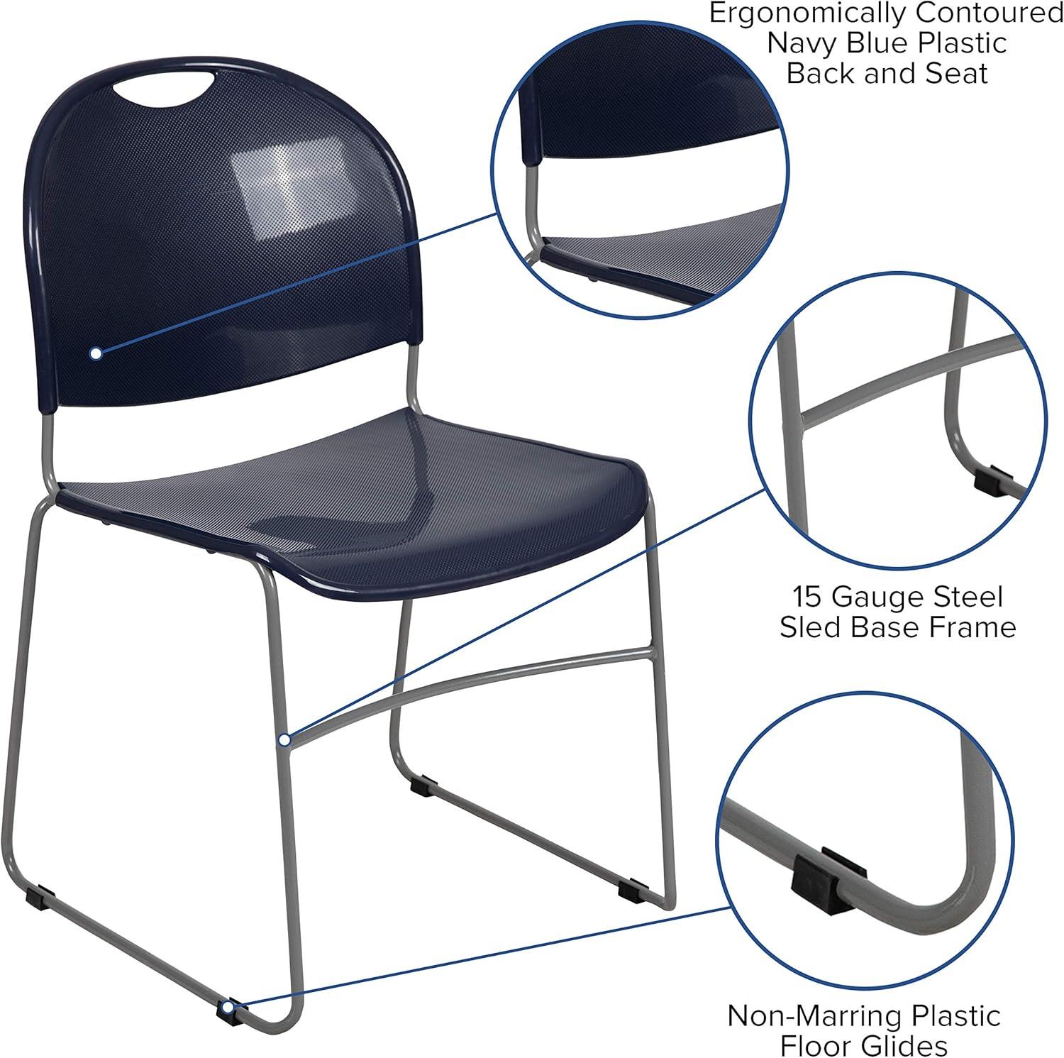 Modern Sleek Silver Metal Stackable Chair with Navy Seat