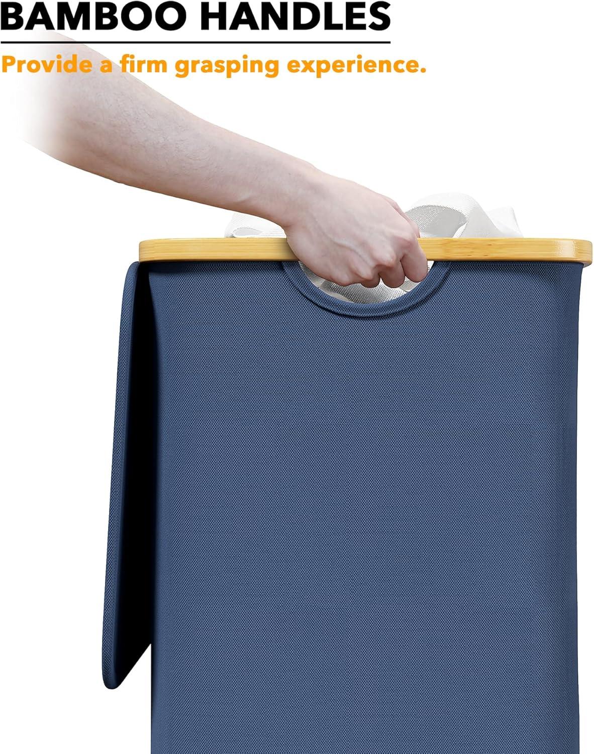 110 L Laundry Hamper with Lid,features Bamboo Handle,Blue