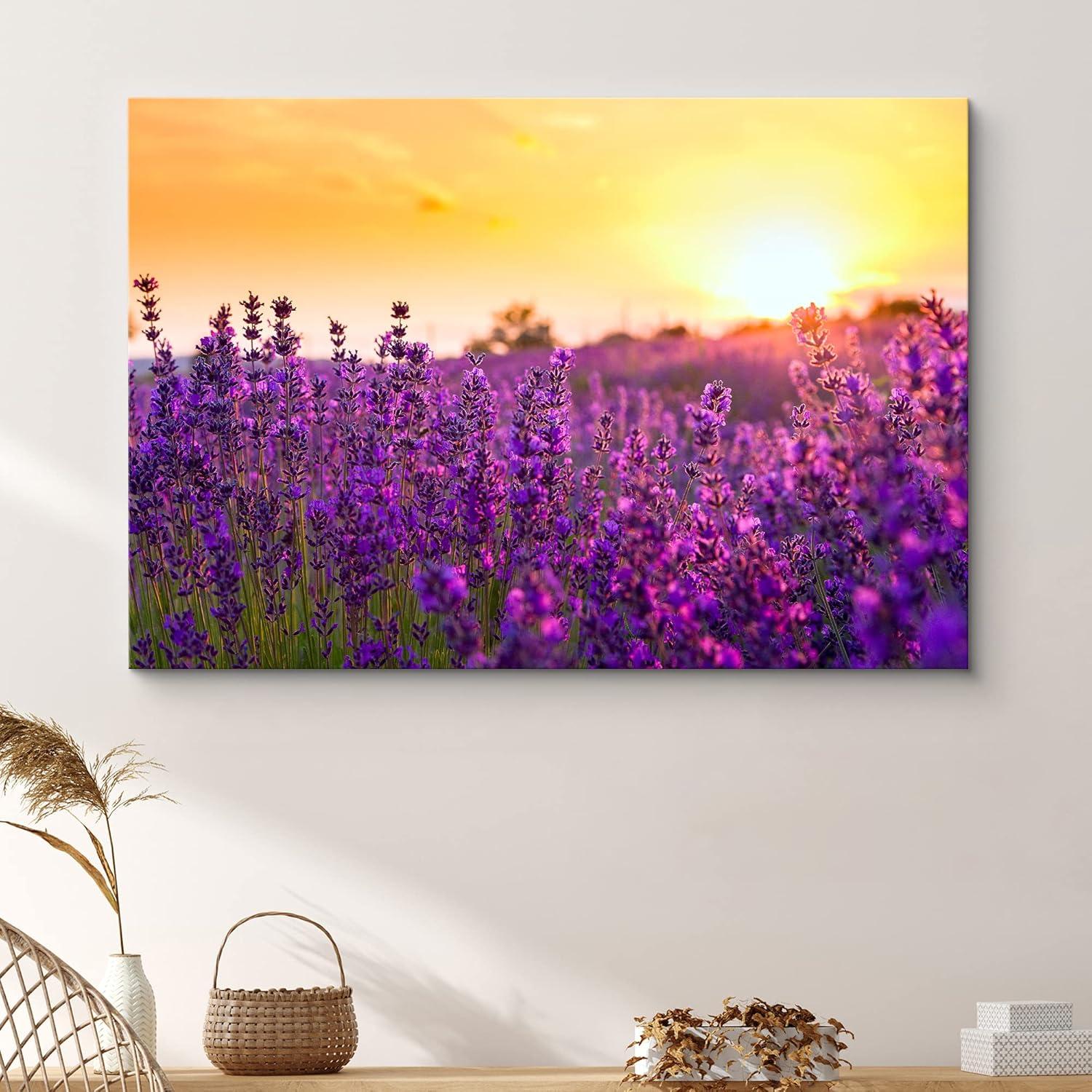 IDEA4WALL Flower Blossom " Lavender Flower Field At Sunset Floral Plants Photography Modern Art Rustic "