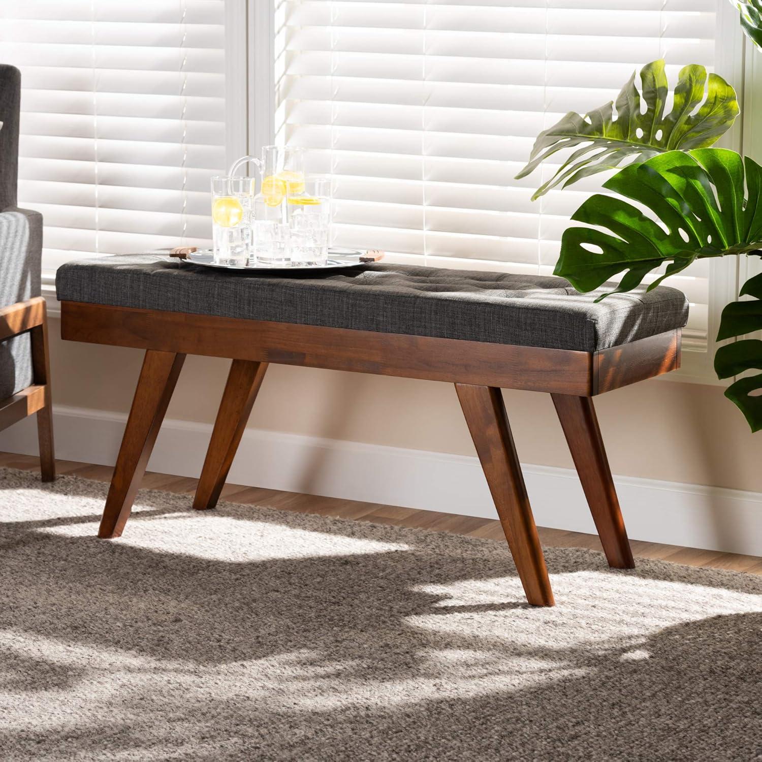 Baxton Studio Alona Medium Wood Dining Bench Gray - : Mid-Century Design, Tapered Legs, Polyester Upholstery, Entryway Seating