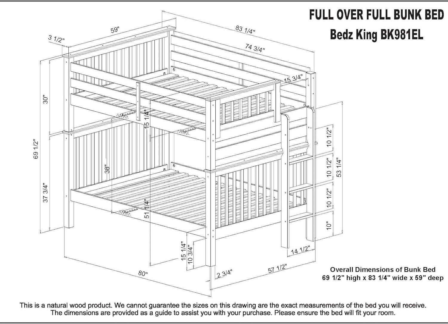 Bedz King Bunk Beds Full over Full Mission Style with End Ladder and a Full Trundle, Dark Cherry