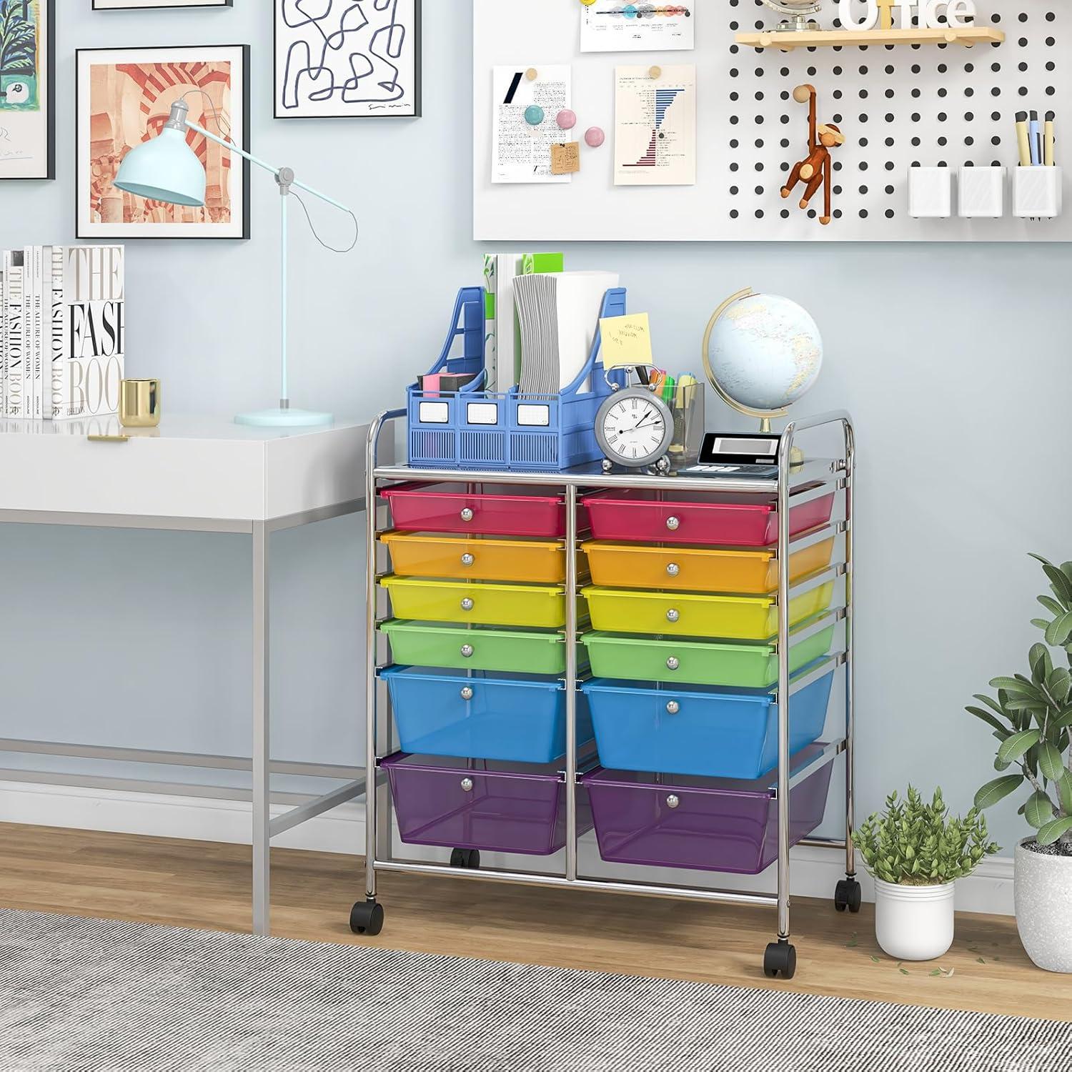 Multi-Color 12-Drawer Rolling Storage Cart with Metal Frame