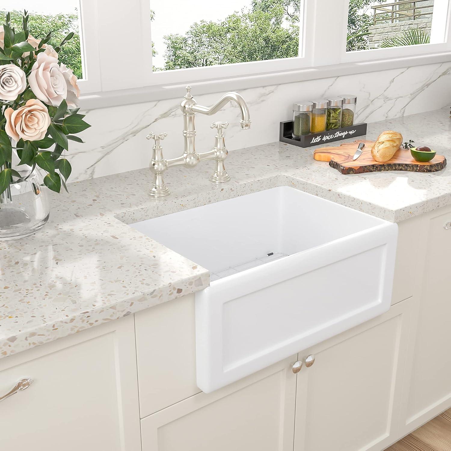 24-Inch Glossy White Fireclay Farmhouse Kitchen Sink with Accessories