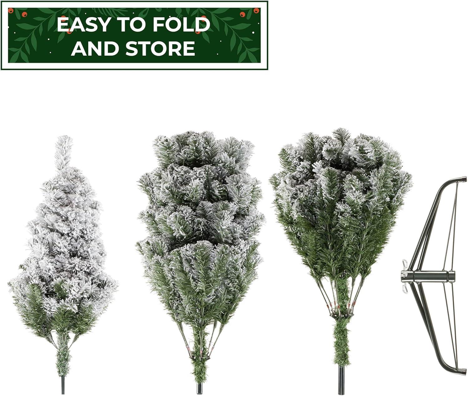 Casafield Realistic Snow-Flocked Pine Artificial Holiday Christmas Tree with Sturdy Metal Stand