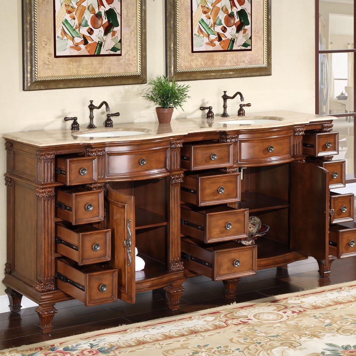 Traditional Rosewood Double Sink Bathroom Vanity with Travertine Top