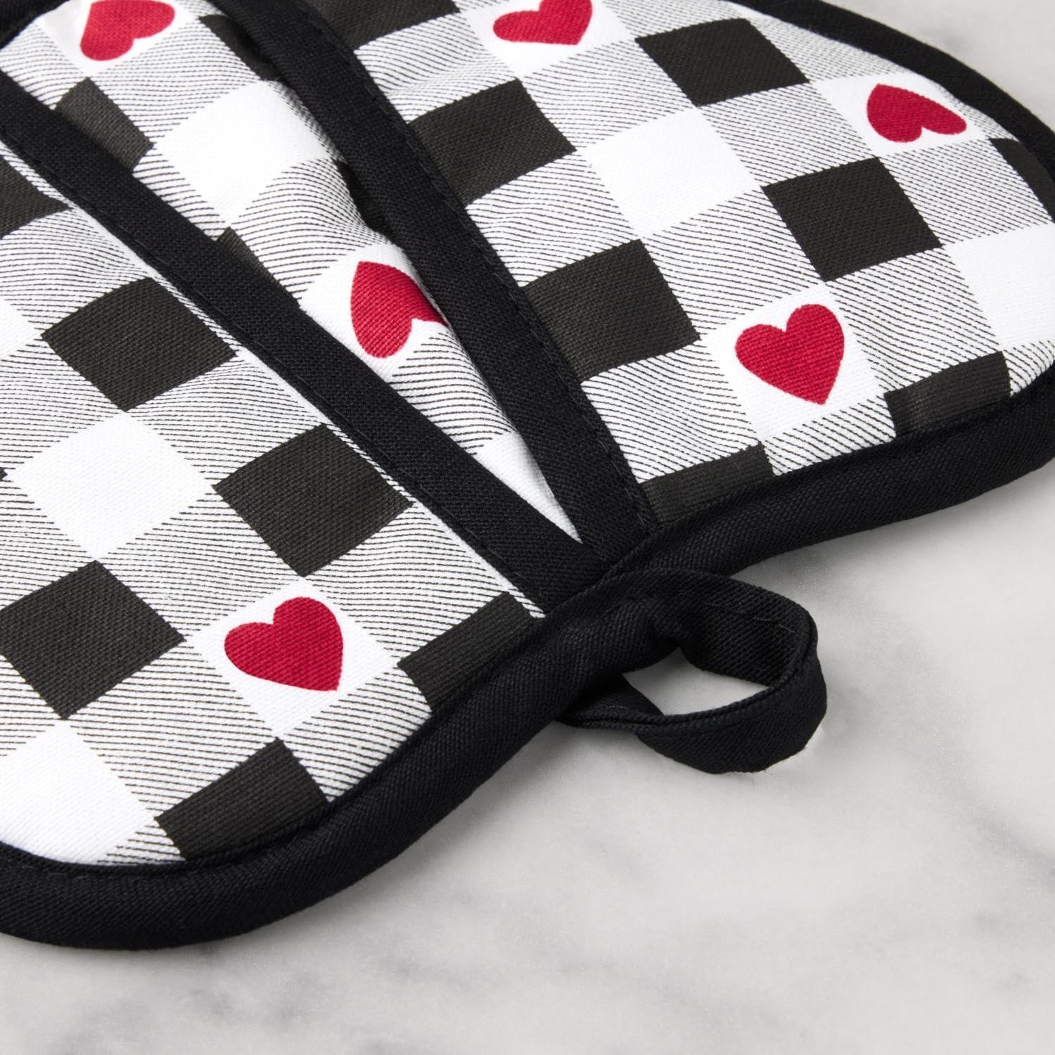 MARTHA STEWART Love Check Gingham Heart Shaped Pot Holder 2-Pack Set, 100% Cotton, Heat Resistant with Flexible Silicone Grip, Valentine’s Day Décor, Black/White/Red, 7”x8.5” (Set of 2)