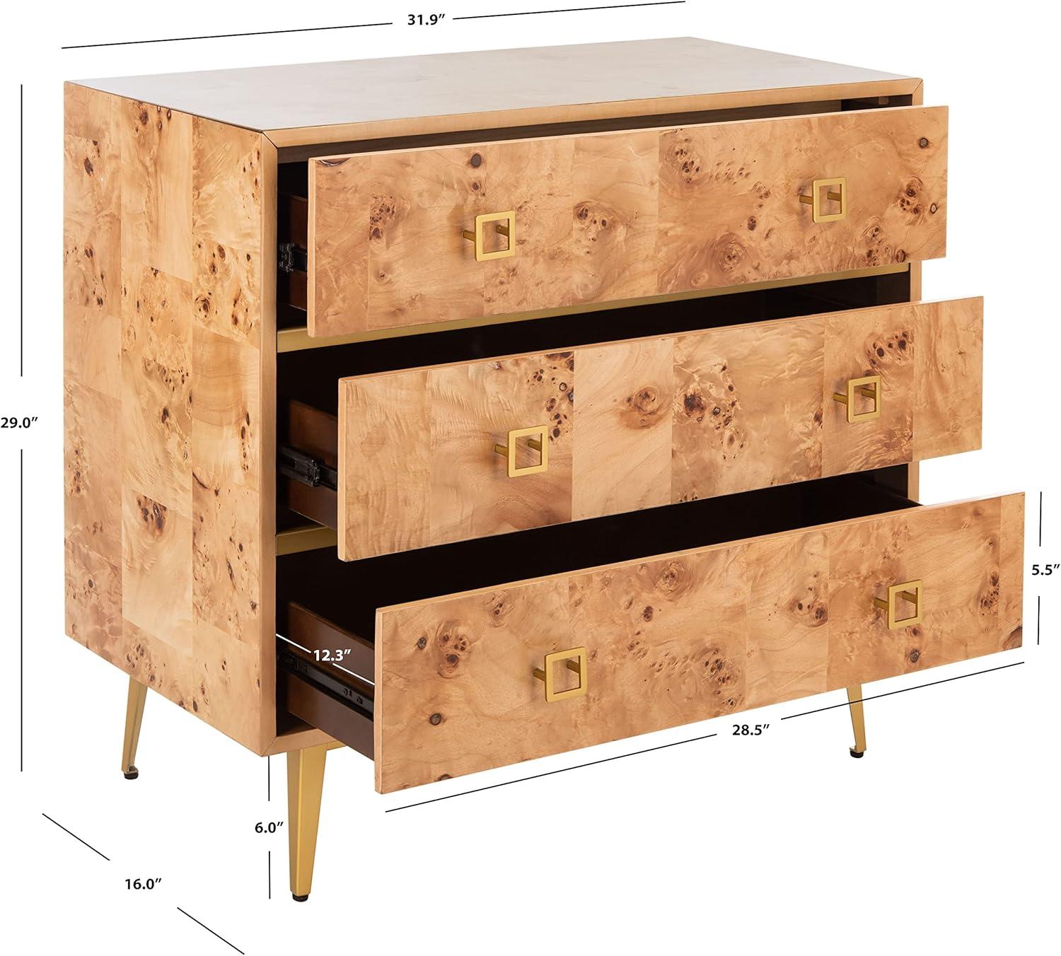 Katia 32" Natural Wood and Gold 3-Drawer Chest