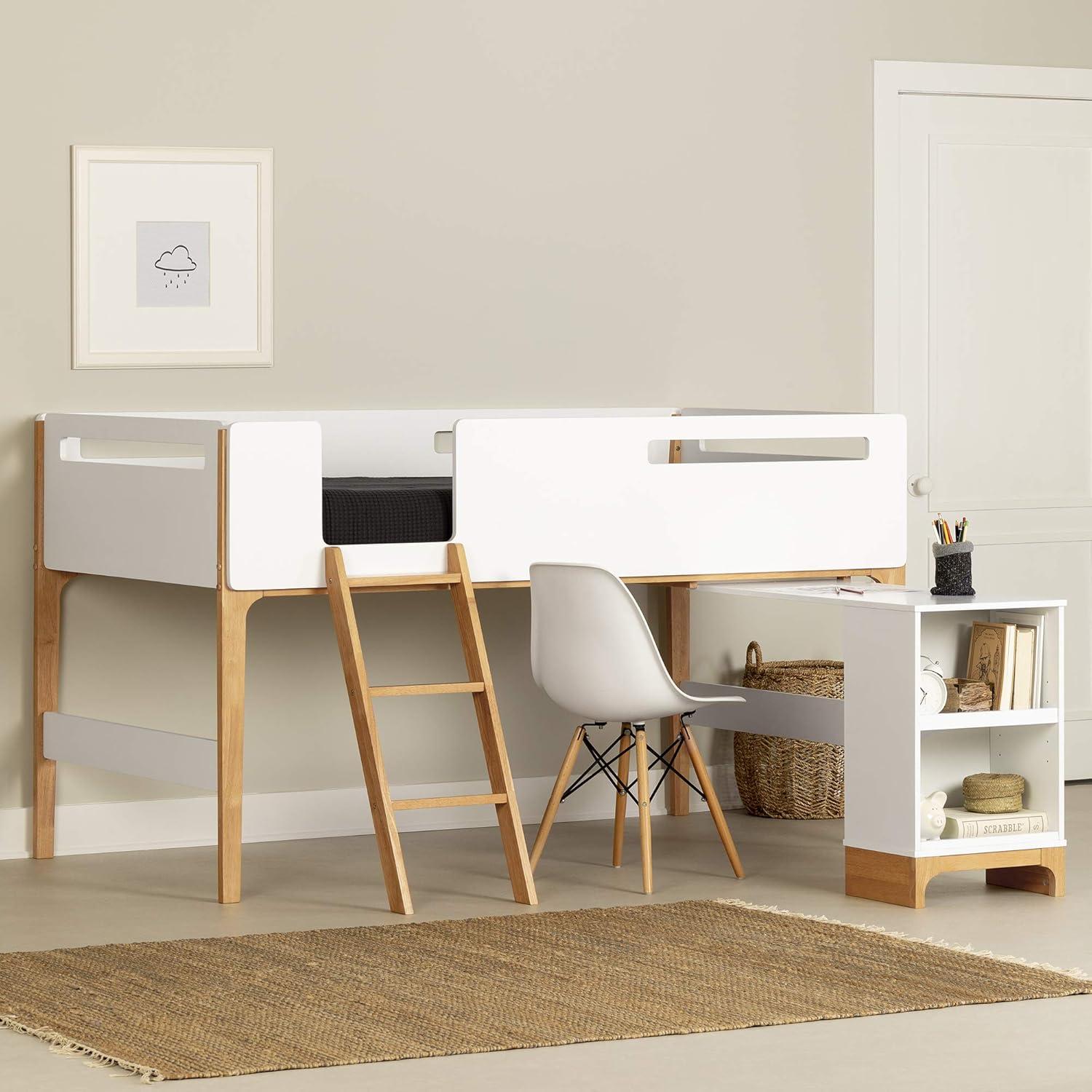 South Shore Bebble Scandinavian Wood Twin Loft Bed with Desk in White & Natural