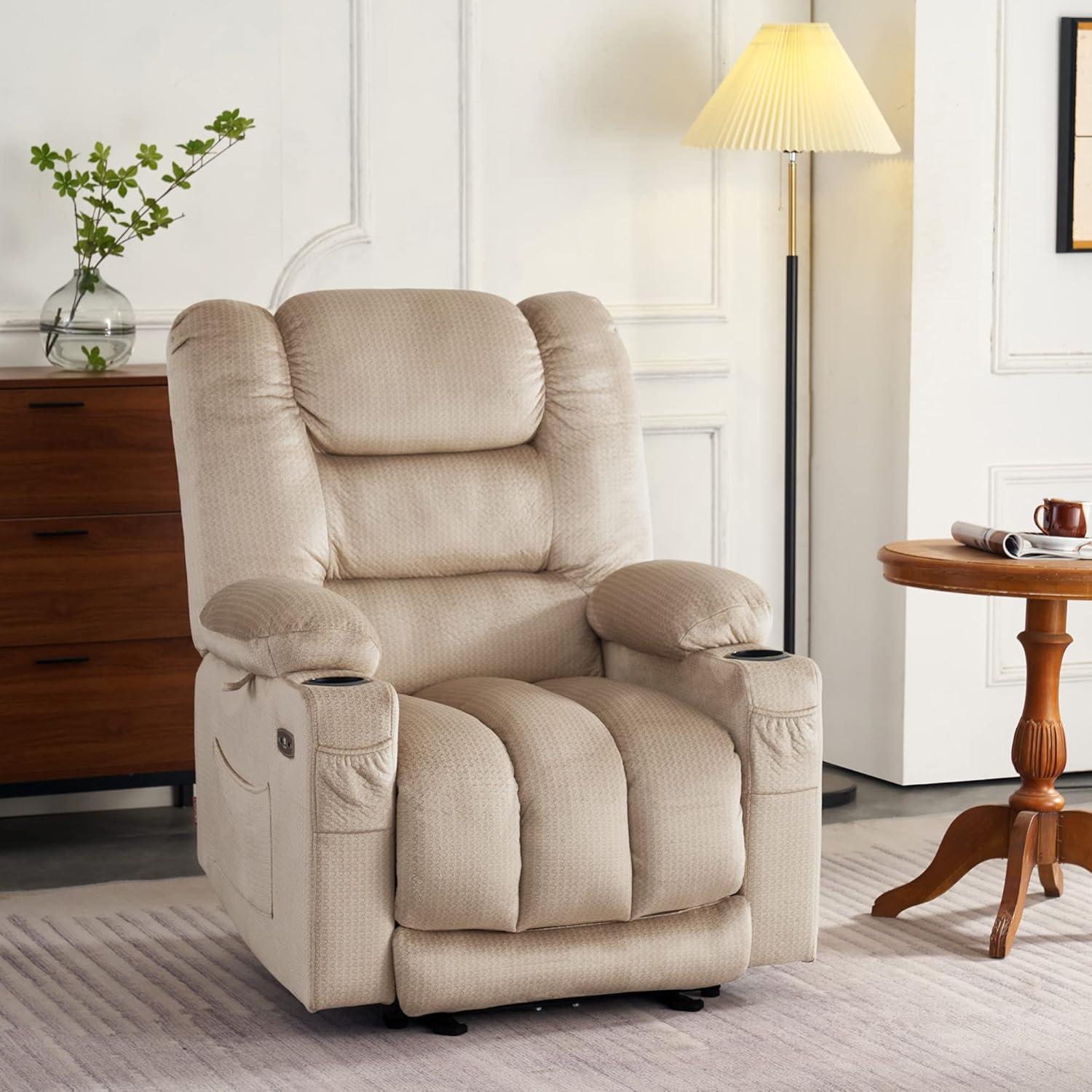 Beige Power Recliner with Heat, Massage, and USB Ports