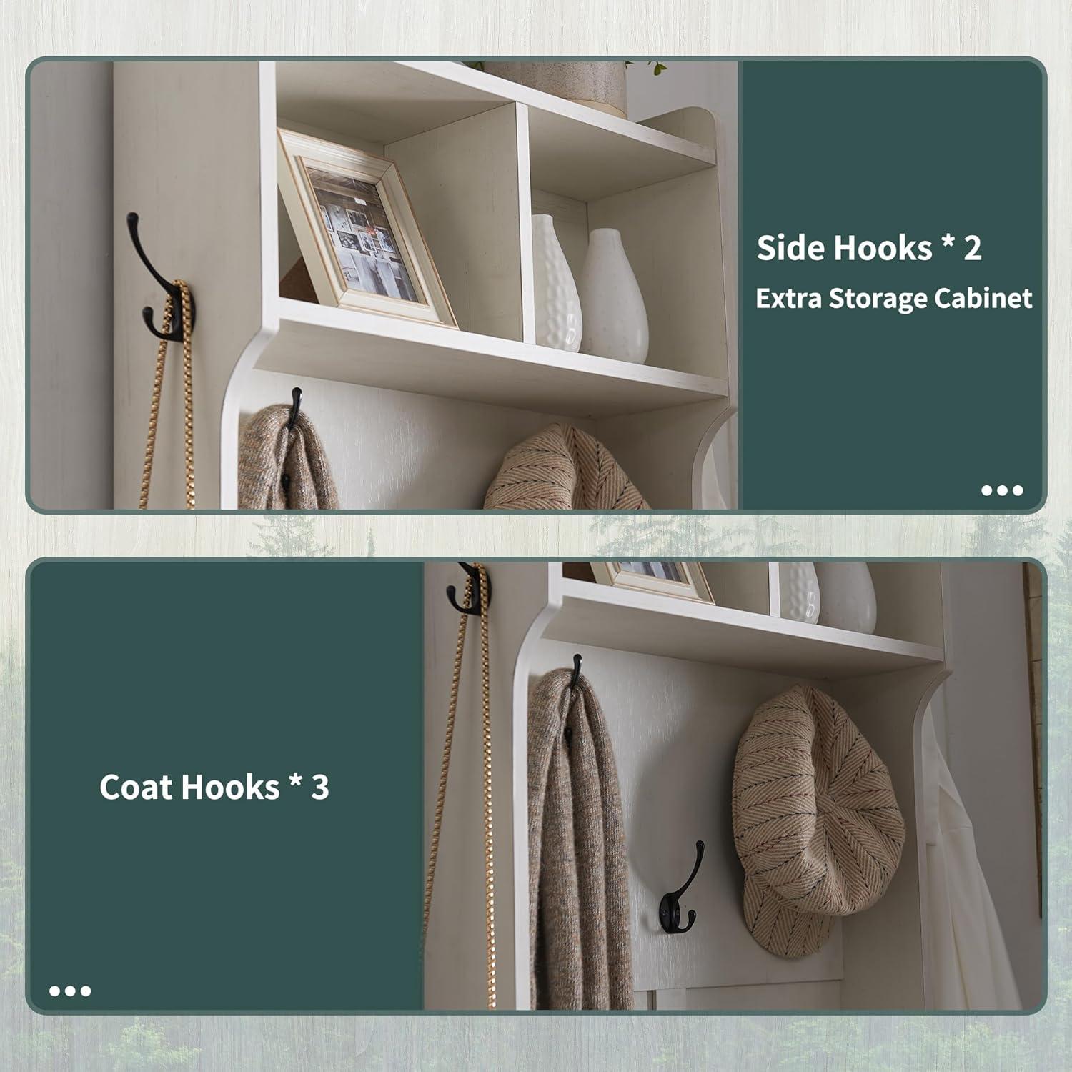 T4TREAM Farmhouse Entryway Hall Tree with Bench and Shoe Storage, Coat Rack with Coat Hooks, White